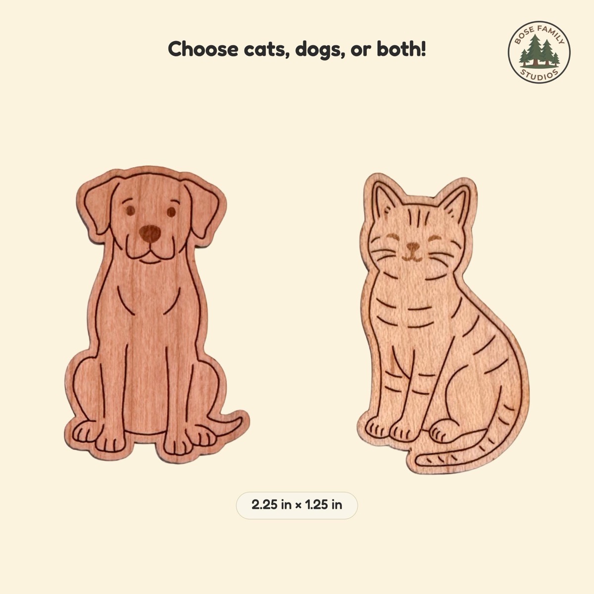 Choose cats, dogs, or both reads the caption above a solid cherry dog and a solid maple tabby cat counter, each laser-engraved and 2.25 by 1.25 inches, on cream with the Bose Family Studios logo