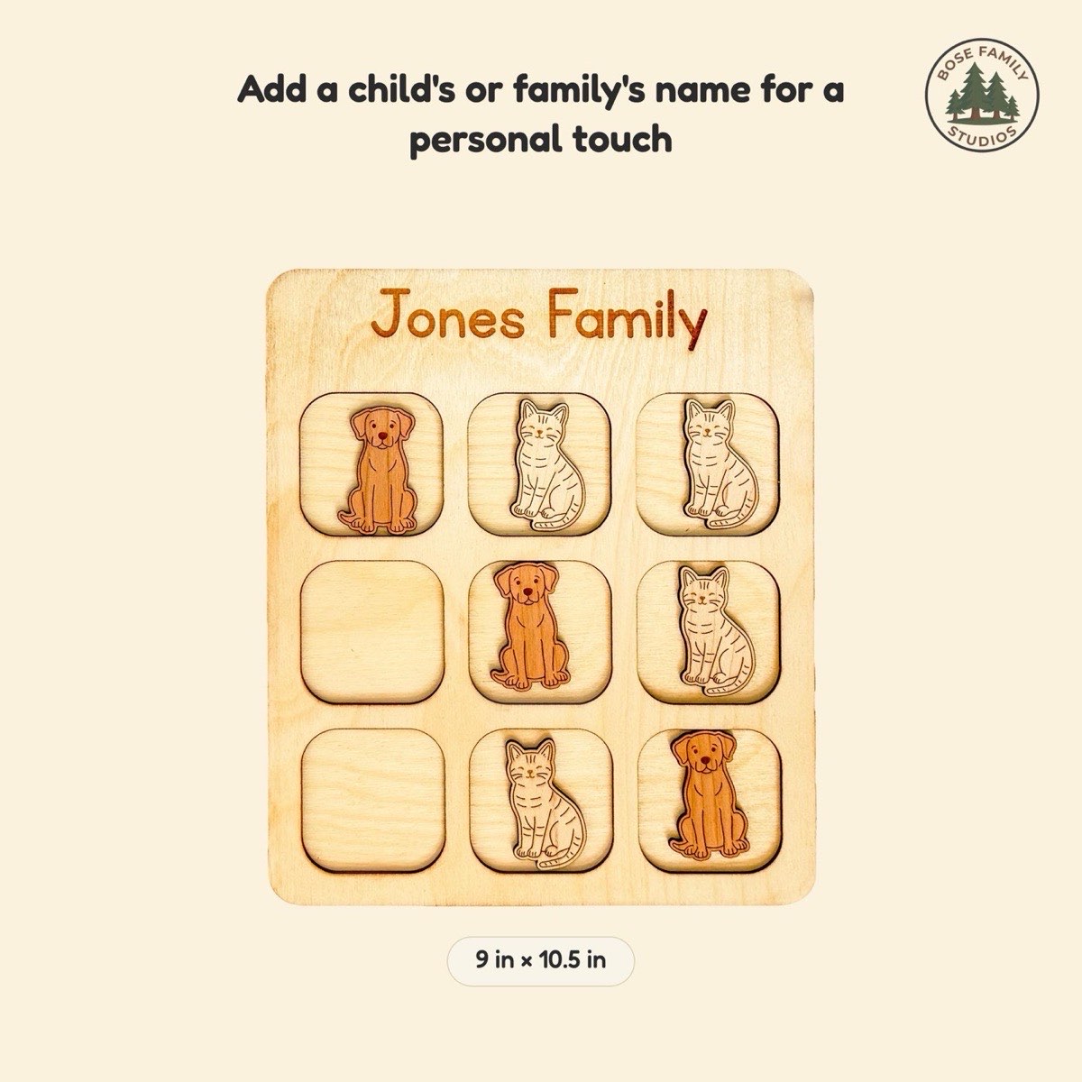 Size reference graphic for the cats and dogs tic tac toe board engraved 'Jones Family' at 9 x 10.5 in, showing laser-engraved sitting dog and cat pieces in neutral Baltic birch across the three-by-three grid