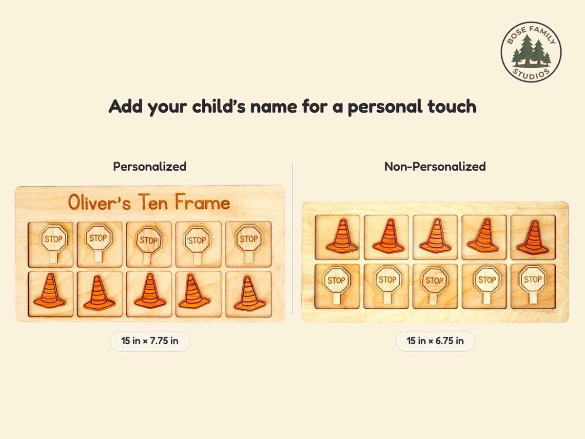 Size comparison graphic for the construction ten frame: personalized board engraved 'Oliver's Ten Frame' at 15 x 7.75 in beside the non-personalized 15 x 6.75 in version, each with five stop sign and five construction cone counters in neutral Baltic birch
