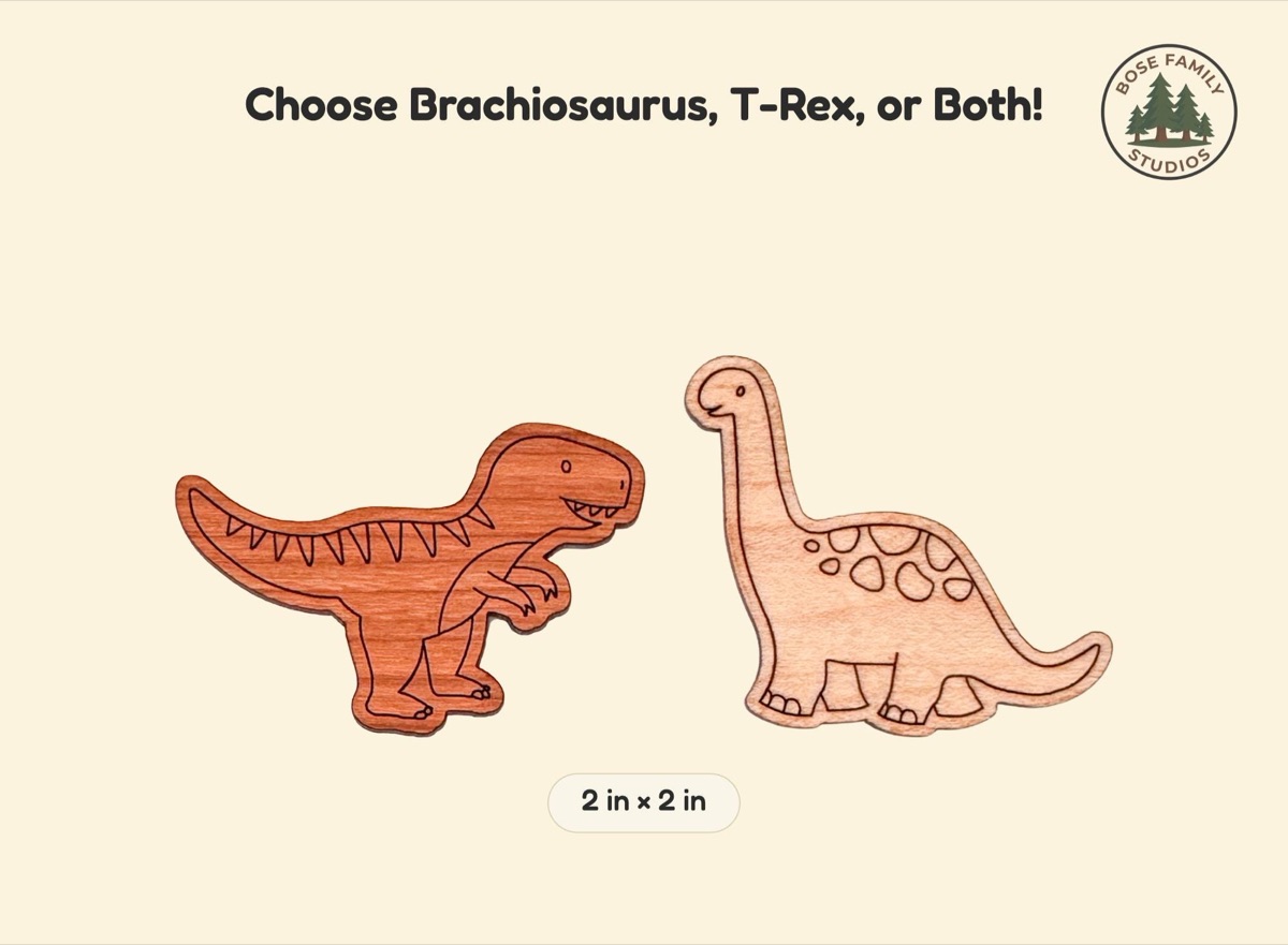 Two wooden dinosaur counters shown at actual scale with a 2 inch by 2 inch size label: a reddish laser-engraved T-Rex with spiked back and a light-toned brachiosaurus with long neck and spotted body