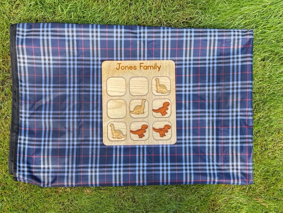 Dinosaur tic tac toe board on a navy plaid blanket in green grass, Brachiosaurus and T-rex playing pieces scattered across the family-name grid for outdoor play