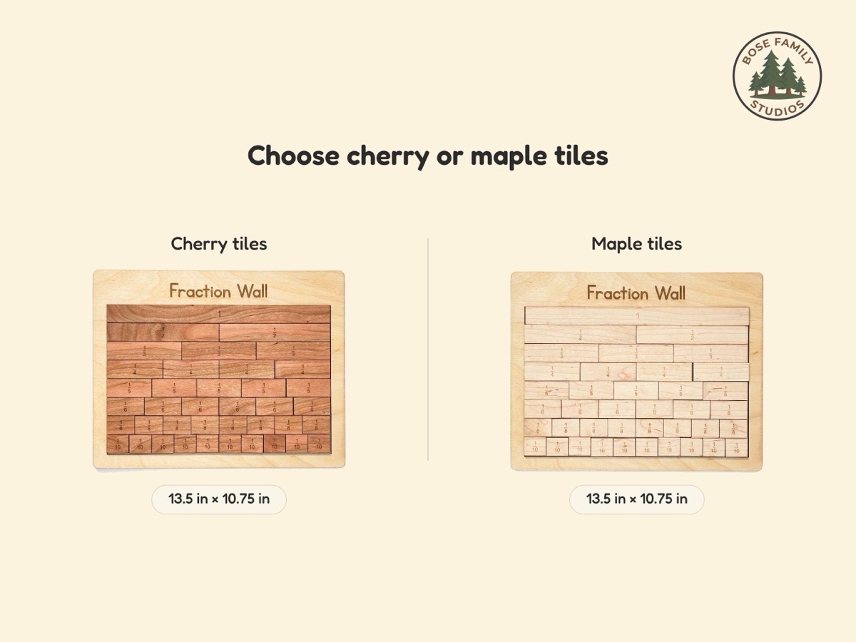 Graphic on cream comparing two fraction walls, one filled with reddish cherry tiles and one with pale maple tiles, each labeled 13.5 in by 10.75 in, under the heading Choose cherry or maple tiles