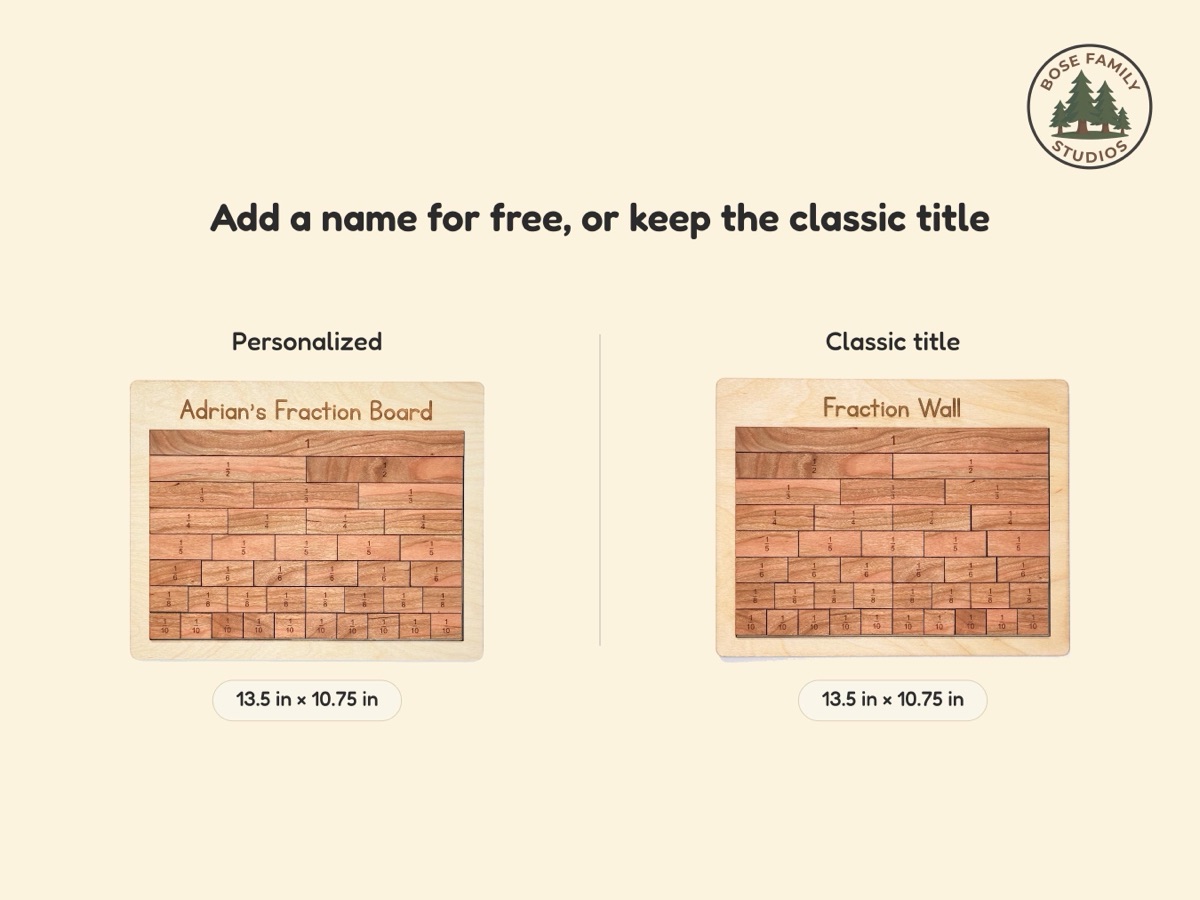 Graphic comparing a board engraved Adrian's Fraction Board with a board engraved Fraction Wall, both filled with cherry tiles and labeled 13.5 in by 10.75 in, under the heading Add a name for free, or keep the classic title
