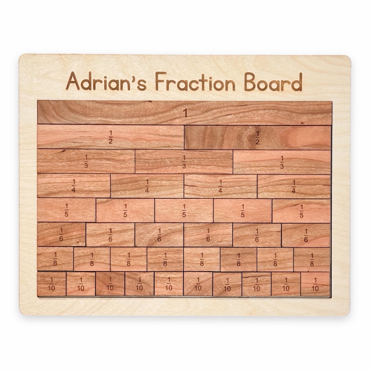 Personalized Baltic birch fraction board engraved Adrian's Fraction Board across the top, filled with 39 cherry fraction tiles from one whole down to tenths