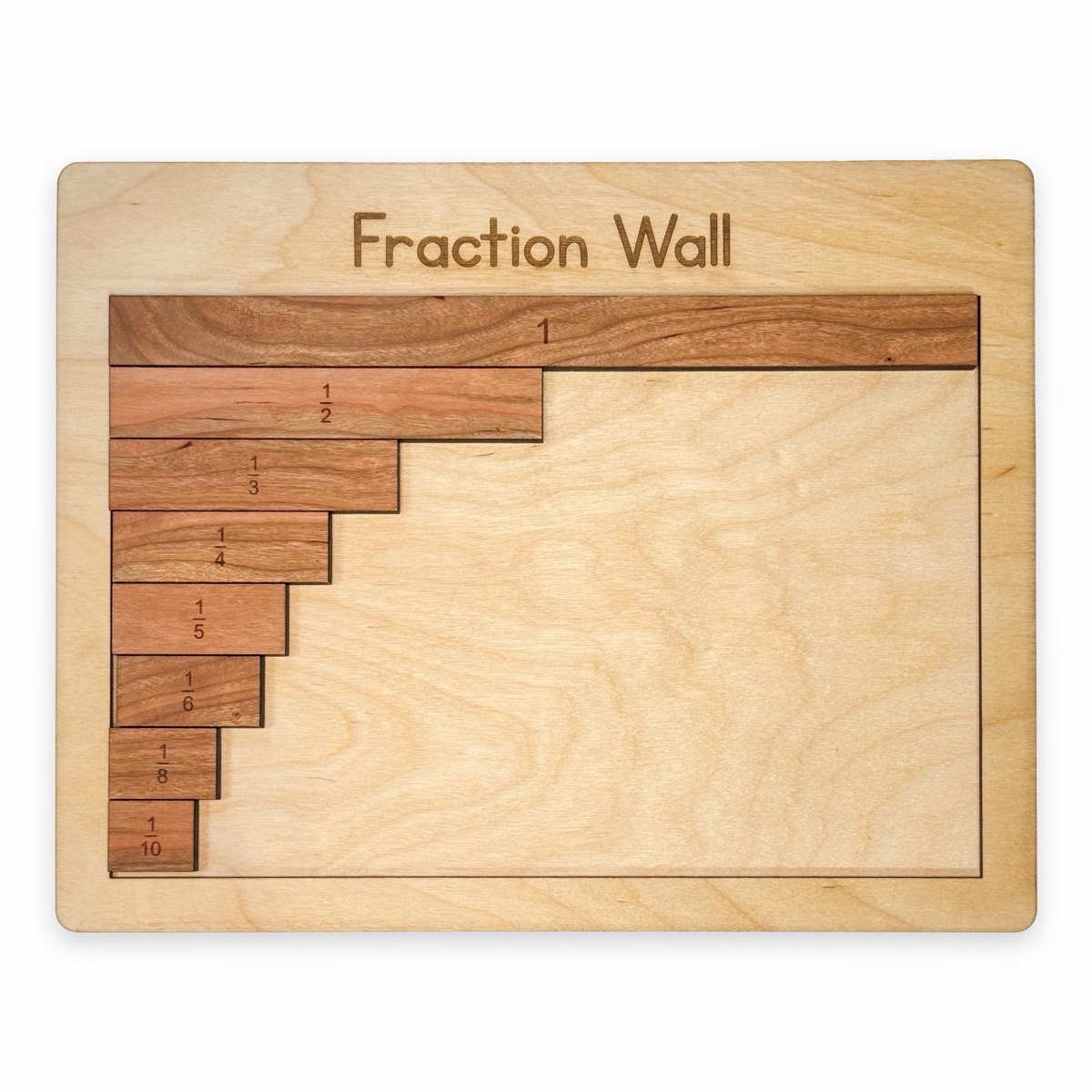 Eight cherry fraction tiles stacked down the left side of the empty tray like a staircase, one each of the whole, one half, one third, one fourth, one fifth, one sixth, one eighth, and one tenth
