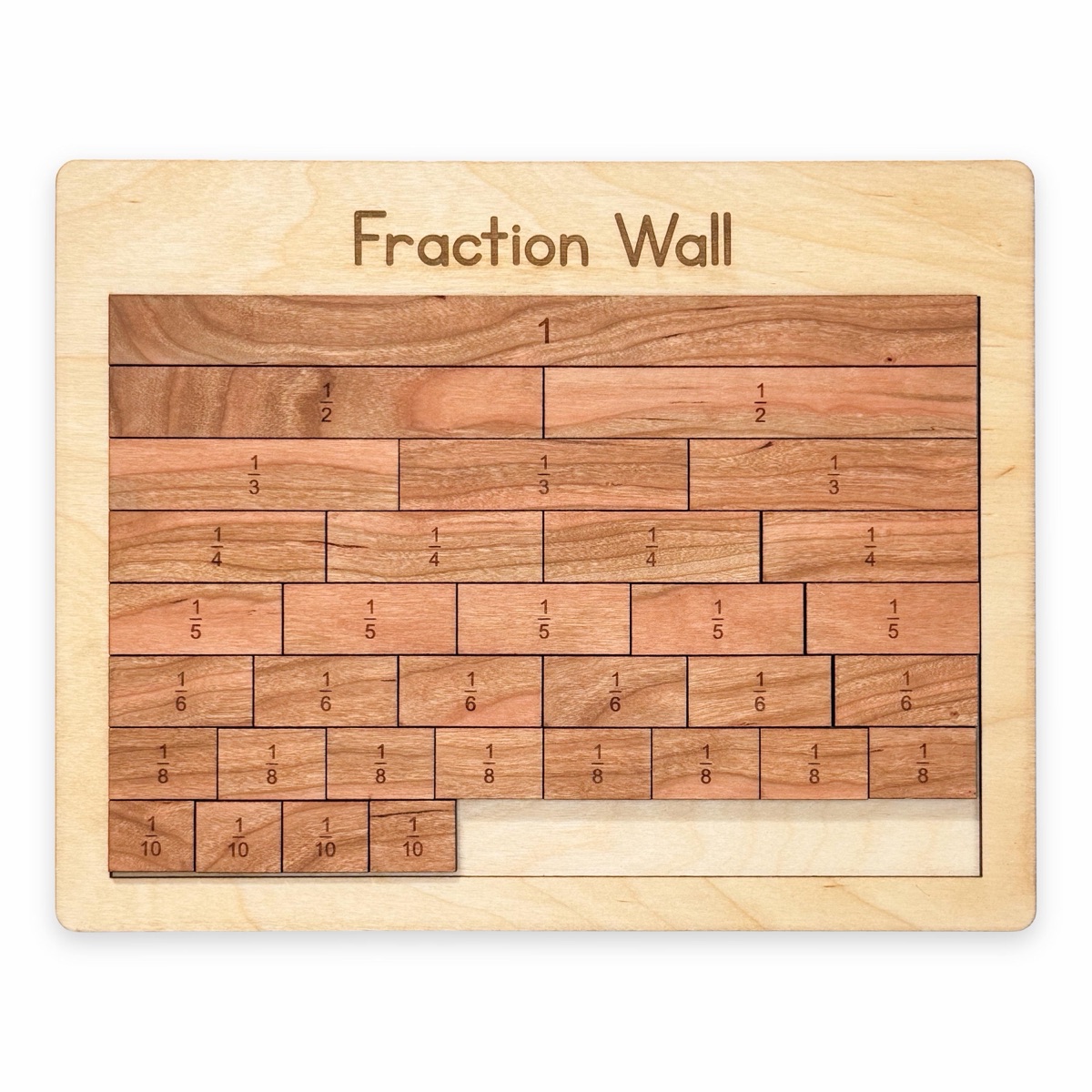 Fraction wall partly filled with cherry tiles: every row complete except the tenths row, where four tenth tiles sit at the left and the rest of the row is empty