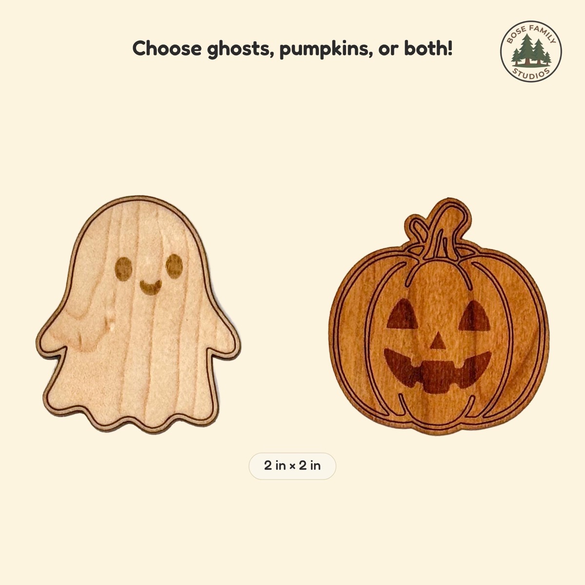 Size reference graphic showing a maple ghost counter beside a cherry jack-o'-lantern counter on a cream background, labeled 2 in by 2 in, under the heading Choose ghosts, pumpkins, or both