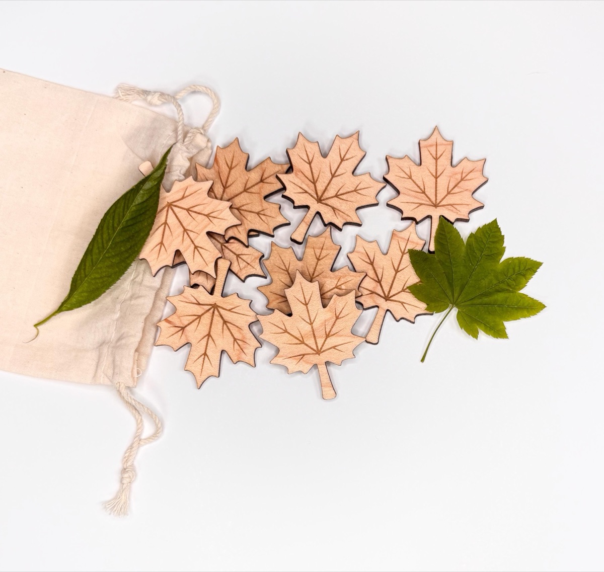 Eight laser-engraved maple leaf counters in neutral solid maple, fanned out beside two real green leaves and a cotton muslin storage bag for leaf identification and nature study alongside math work