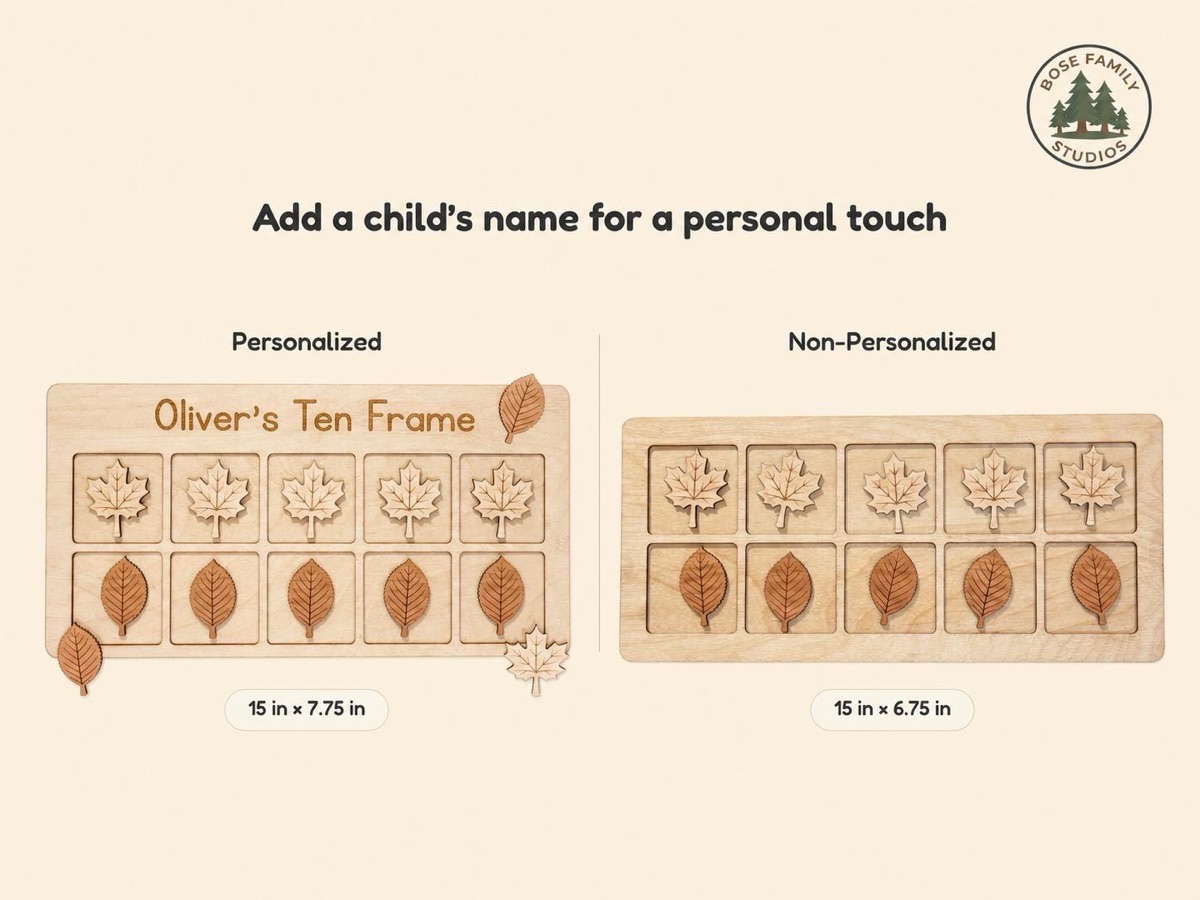 Size comparison graphic headed 'Add a child's name for a personal touch': a board engraved 'Oliver's Ten Frame' at 15 by 7.75 inches beside a plain 15 by 6.75 inch board, each filled with five maple and five cherry leaves
