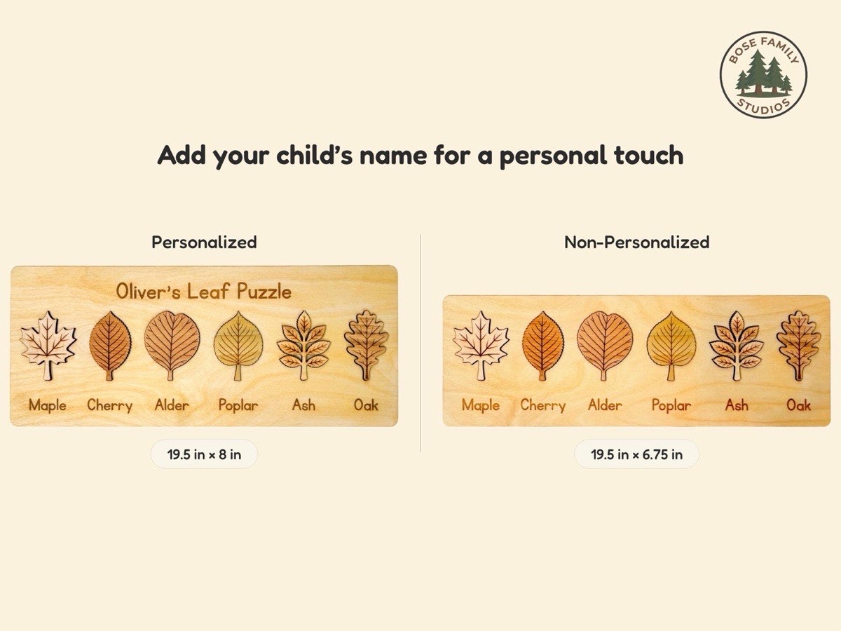 Size comparison graphic for the Montessori leaf puzzle: personalized board engraved 'Oliver's Leaf Puzzle' at 19.5 x 8 in beside the non-personalized 19.5 x 6.75 in version, each with six labeled maple, cherry, alder, poplar, ash, and oak leaves