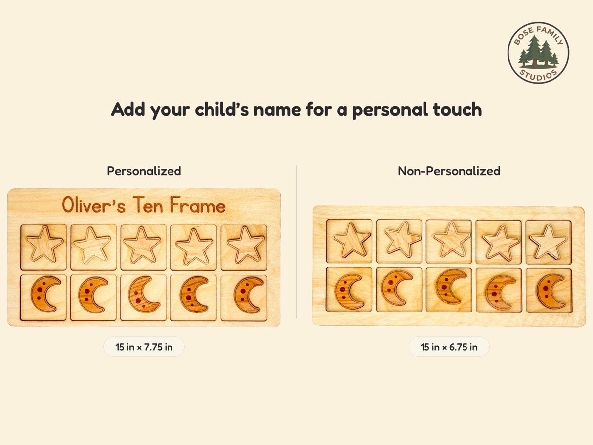 Comparison of the personalized space ten frame engraved 'Oliver's Ten Frame' at 15 by 7.75 inches beside the non-personalized board at 15 by 6.75 inches